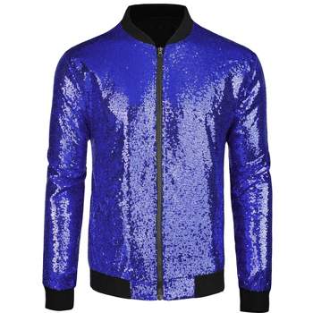 Lars Amadeus Men's Sequin Varsity Long Sleeve Zipper Glitter Sequins Bomber Jacket