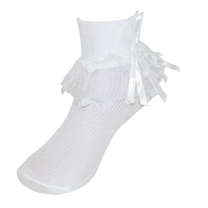 CTM Girls' Lace Ruffle Anklet Sock with Pearl Accent, 1 of 3