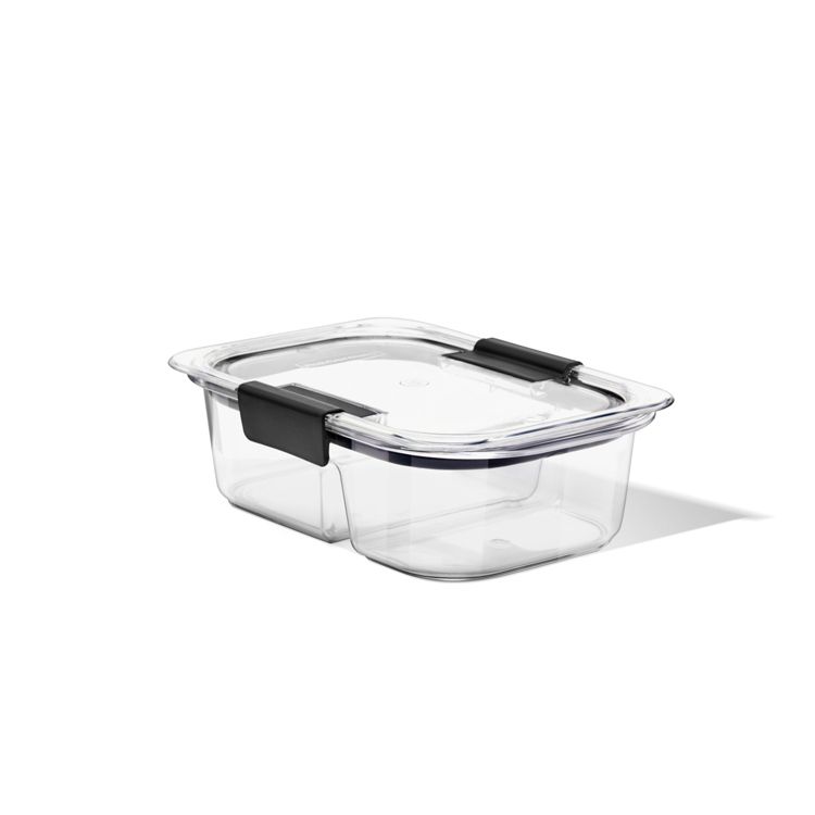 Clear rectangular food storage container with a transparent lid and black colored locking clips.