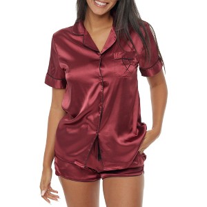 ADR Womens Satin Pajamas Set, Silk like Short Sleeve Top and Shorts with Pockets - 1 of 4