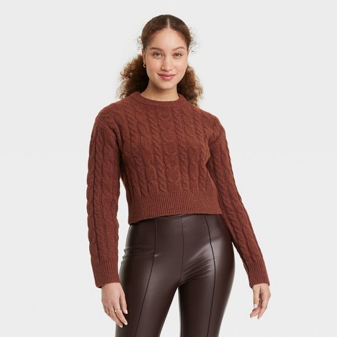 Women's Cropped Crewneck Pullover Sweater - A New Day™ Brown Xl