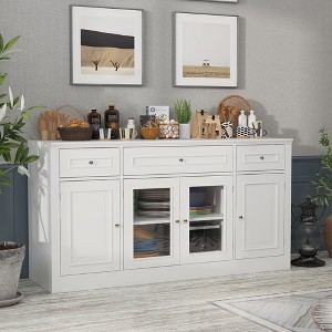 Famapy 3-Drawer 4-Door Dining Buffet Sideboard Kitchen Pantry Storage Cabinet Glass-Front Tableware Storage Kitchen & Dining Room Organizer - 1 of 4