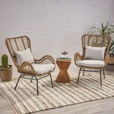 Set of 2 Modern Wicker Accent Arm Chairs with Cushions, Indoor/Outdoor Lounge Chairs for Patio, Balcony, or Sunroom – The Pop Home