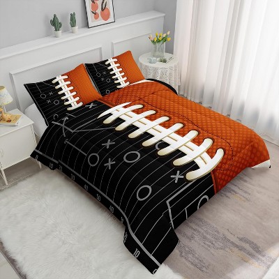Football Comforter Set Twin – 3Pcs American Rugby Bedding for Boys, Men & Women, Sports Quilt Set with 2 Pillowcases, Black Orange Ball Theme