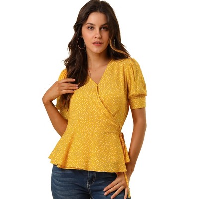 INSPIRE CHIC Women's Dots Print Tie Waist Ruffle Hem V Neck Wrap Peplum Shirts