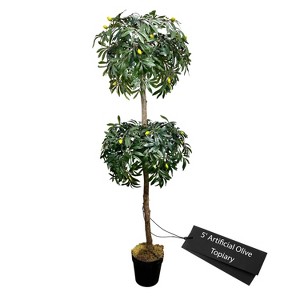 Cypress & Alabaster | Handmade 5' Artificial Olive Topiary Tree In Home Basics Starter Pot Made With Real Wood And Moss Accents - 1 of 4