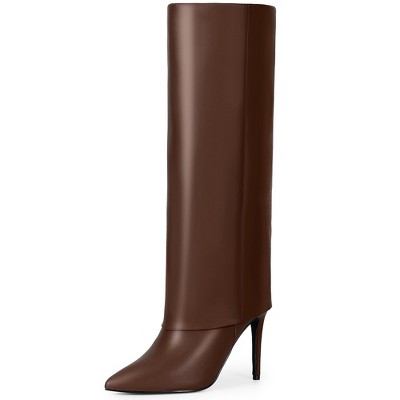 BLISSFUL STEP Women's Fold Over Pointed Toe Zipper Stiletto Heel Knee-High Boots