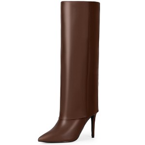 BLISSFUL STEP Women's Fold Over Pointed Toe Zipper Stiletto Heel Knee-High Boots - 1 of 4