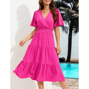 Women's Casual Wrap V Neck Midi Dress Short Sleeve Smocked Waist Tiered A Line Pleated Flowy Maxi Dress - 1 of 4