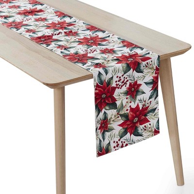 Poinsettia Floral Ivory and Red Polyester Holiday Table Runner