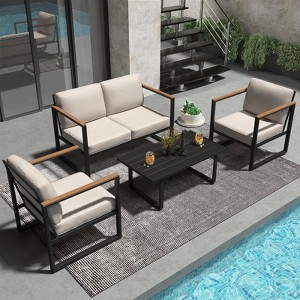 4 Piece Metal Patio Conversation Set, Thick Cushion Patio Seating Set with Coffee Table, Loveseat, and 2 Chairs for Backyard, Patio, Black and Beige - 1 of 4