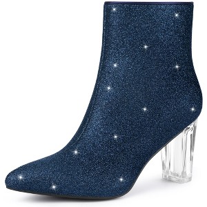 Allegra K Women's Zip Closure Pointed Toe Clear Block Heel Halloween Glitter Ankle Boots - 1 of 4