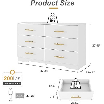 CIPACHO White 6 Drawer Dresser Wooden Dressers Chests of Drawers with Gold Handles Modern Double Dresser for Bedroom