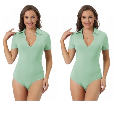 Allegra K Women's Ribbed Lapel Deep V-neck Short Sleeves Stretchy Briefs Bodysuit 2 Packs