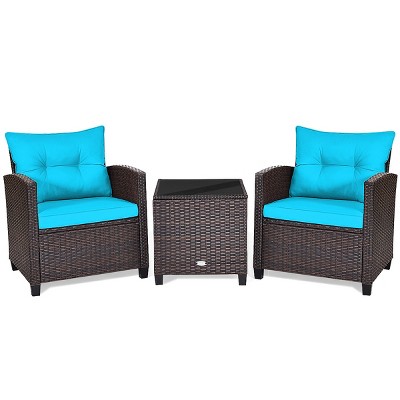 Turquoise Cushioned 3-Piece Brown Rattan Conversation Set
