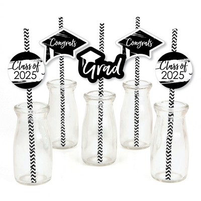 Big Dot of Happiness Black and White 2025 Graduation Paper Straw Decor - Party Striped Decorative Straws - Set of 24