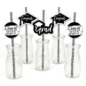 Big Dot of Happiness Black and White 2025 Graduation Paper Straw Decor - Party Striped Decorative Straws - Set of 24 - 1 of 4