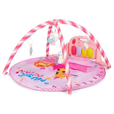 Image of Infans Baby Gym Baby Play Mat Kick and Play Piano Gym w/ 5 Hanging Sensory Toys Pink