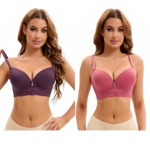 INSPIRE CHIC 2 Pcs Women's Lace Trim Underwire Adjustable Straps Plus Cup Size Push Up Bras - 1 of 4