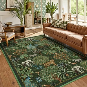 Washable Floral Animal Jungle Rug Non Slip Low Pile Rug Soft Throw Floor Cover Foldable Indoor Carpet for Living Room Bedroom Playroom Nursery - 1 of 4