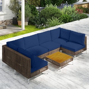 Outsunny 7 Piece Wicker Patio Furniture Set, Modular Outdoor Sectional Conversation Set with Thickened Cushions, Acacia Wood Table - 1 of 4