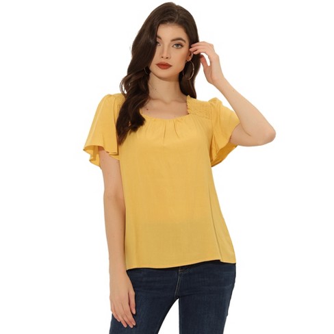 Allegra K Women's Casual Square Neck Smocked Ruffle Sleeves Peasant Blouse  Yellow Medium : Target