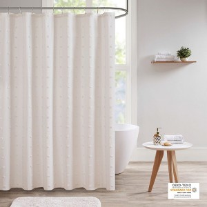 Rustic-Vintage Cotton Yarn-Dyed Jacquard Shower Curtain with Pom Poms, 70x72 Inches - 1 of 4