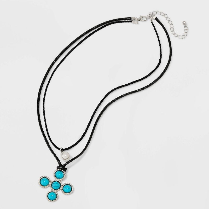 Corded Cross and Pearl Pendant Necklace Set 2pc - Wild Fable&#8482; Black/Turquoise, 4 of 6
