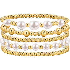 14K Gold Plated Bracelet Stack Strand Stretch Bead Ball Bracelet Set Stackable Bracelet - 1 of 4