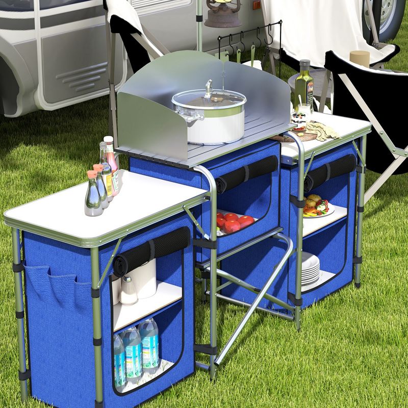 Outsunny Camping Kitchen Table, Portable Folding Camp Kitchen, Aluminum Cook Station with 3 Fabric Cupboards, Windshield, Carrying Bag, Blue, 5 of 7