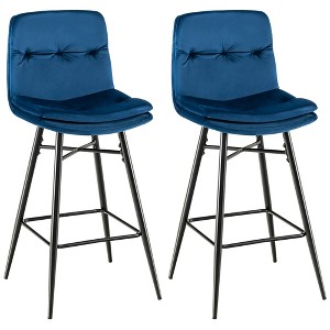 Costway Set of 2 Velvet Bar Stools Bar Height Kitchen Dining Chairs with Metal Legs Blue/Grey - 1 of 4