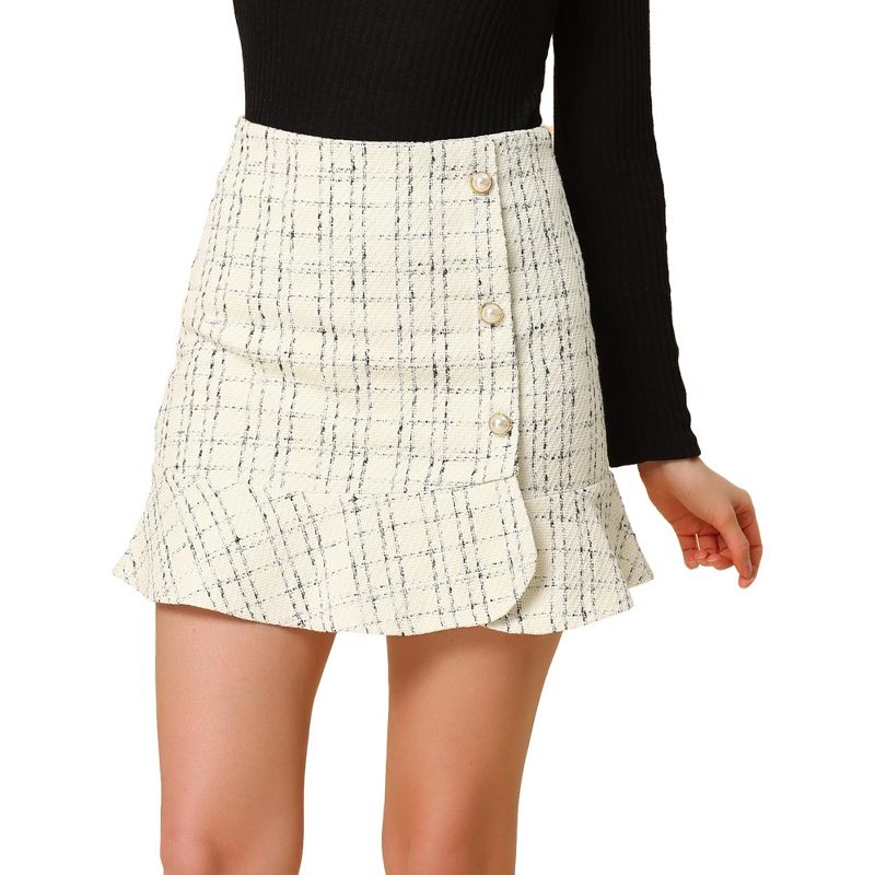 Allegra K Women's Plaid Ruffle Hem Button Decor Tweed Mini Skirt, 1 of 6