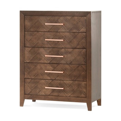 Kieran Transitional Toasted Chestnut 5-Drawer Chest with Herringbone Pattern