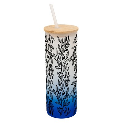 Elanze Designs Elegant Forest Floral Vine Leaf Wrap-Around Design 25 Ounce Frosted Gradient Glass On-The-Go Coffee Travel Skinny Tumbler Mug Cup,