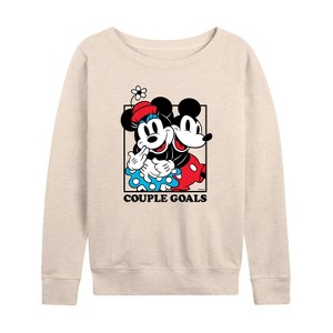 Women's - Disney - Mickey Minnie Couple Goals Lightweight French Terry Wide Neck Long Sleeve Shirt - 1 of 4