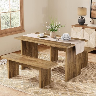 Tribesigns 3 Pieces Dining Table Set with 2 Benches, 55" Farmhouse Kitchen Table Set for 4-6, Rectangular Wooden Heavy Duty Dinette