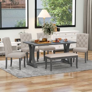 6 PCS Wood Dining Table Set, Rectangular Trestle Table and 4 Upholstered Chairs & Bench for Dining Room 4N - ModernLuxe - 1 of 4