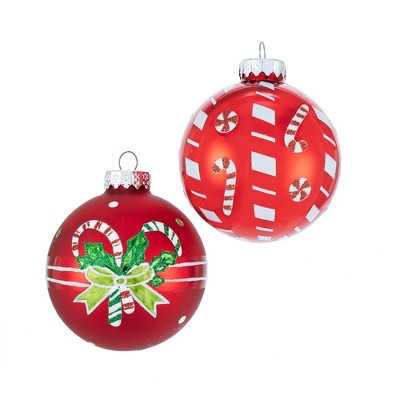 Kurt Adler 80MM Matte and Shiny Red with Candy Canes Glass Ball Ornaments, 6 Piece Box