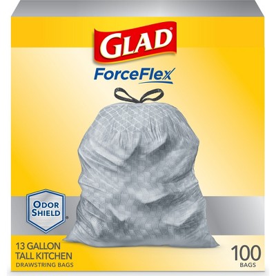 Glad ForceFlex 13 Gallon Tall Kitchen Drawstring Trash Bags, White -  100/Box 