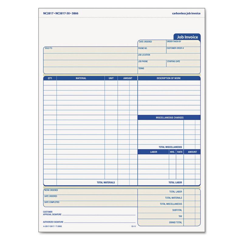TOPS Snap-Off Job Invoice Form 8 1/2 x 11 5/8 Three-Part Carbonless 50 Forms 3866, 1 of 4