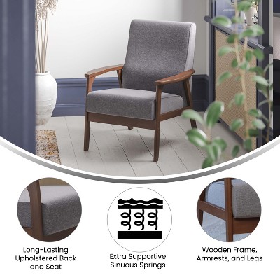 Gray Faux Linen Mid-Century Modern Accent Chair with Wooden Frame