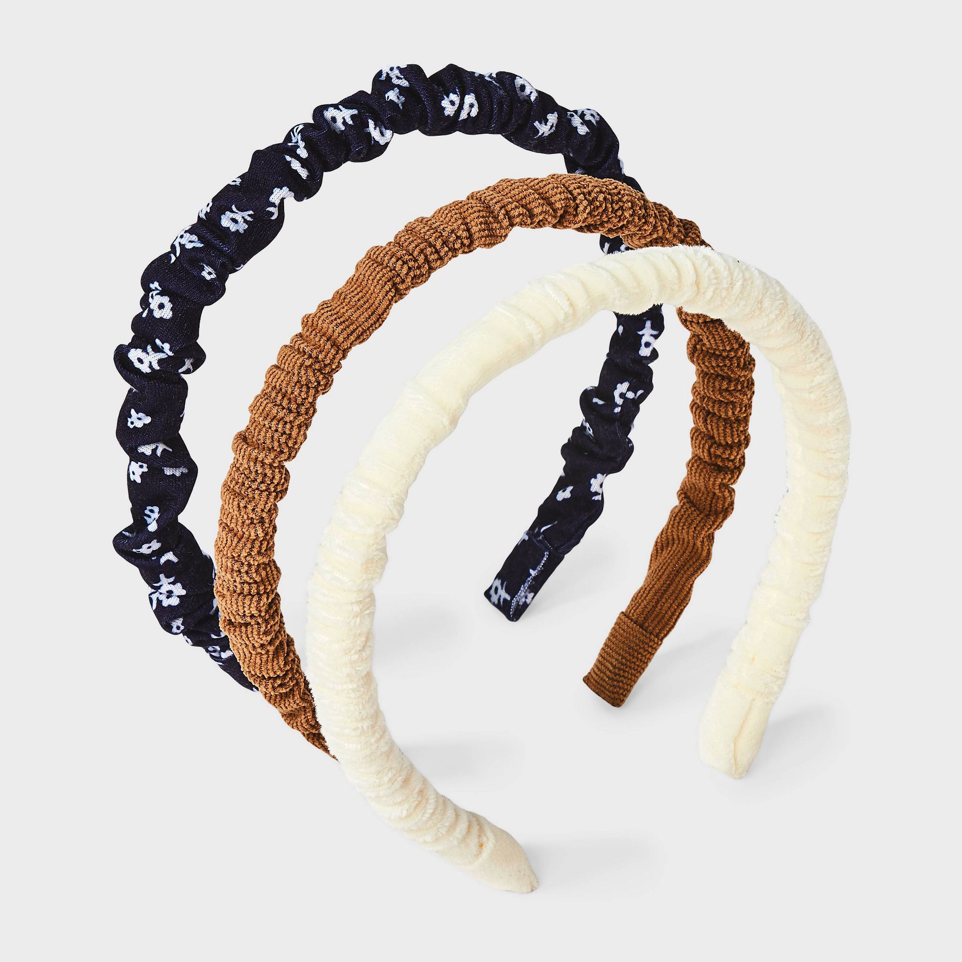 Girls' 3pk Ruched Waffle Headband Set - Cat & Jack™ Cream/Tan/Black Floral