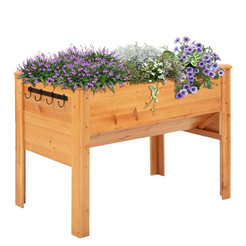 Outsunny 48'' Fir Wood Raised Garden Bed With Tool Hooks, Elevated 