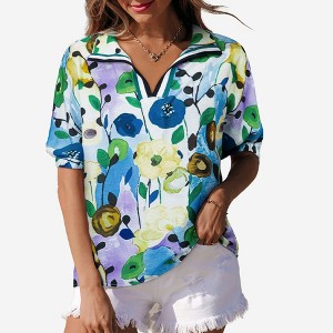 Amaryllis Women’s Watercolor Floral Print Short Sleeve Collared Blouse Relaxed Fit with Elastic Cuffs Lightweight Everyday Top - 1 of 4