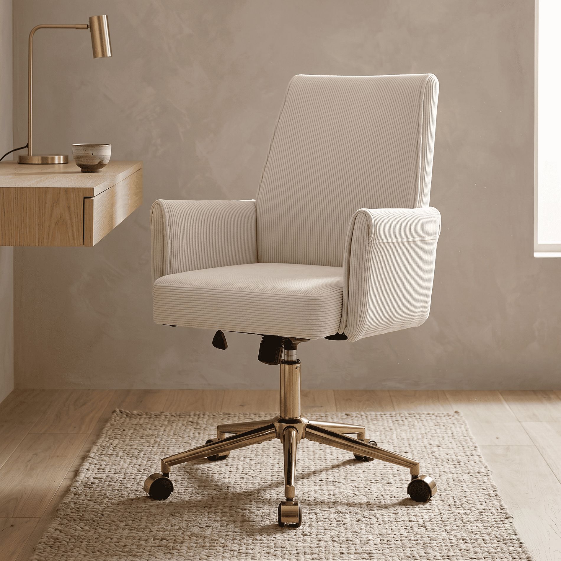 Mid-Back Swivel Office Chair, Ergonomic Striped Fabric Desk Chair with Gold Metal Base, Adjustable Height Task Chair for Home Office, Dorm Furniture