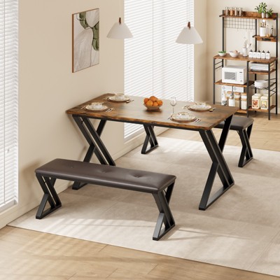 3 Piece Dining Set for 4, Industrial Table with 2 PU Padded Benches, Mid Century Modern Wooden Set, Ideal for Small Apartments, Space Saving