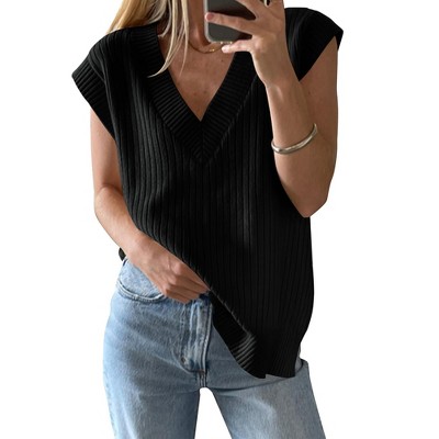 Clearlove Women's Sweater Vests V Neck Casual Ribbed Knit Sleeveless Sweater Tops Oversized Sweater Vest for Women