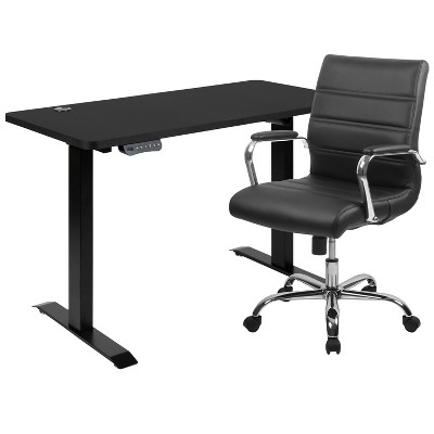 Flash Furniture 48" Wide Black Electric Height Adjustable Standing Desk with Mid-Back Black LeatherSoft and Chrome Executive Swivel Office Chair