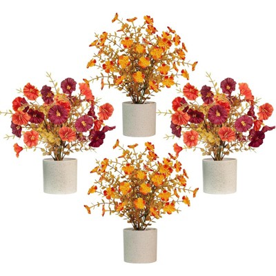 BRINJOY 4-Pack Simulated Autumn Flowers - Orange-Red Faux Potted Plants for Fall Table Centerpieces & Thanksgiving Decor