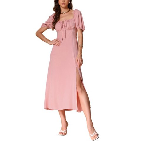 Женские платья INSPIRE CHIC Women's Puff Sleeve Square Tie Neck Split Smocked Boho Split Long Dress X-Large Pink